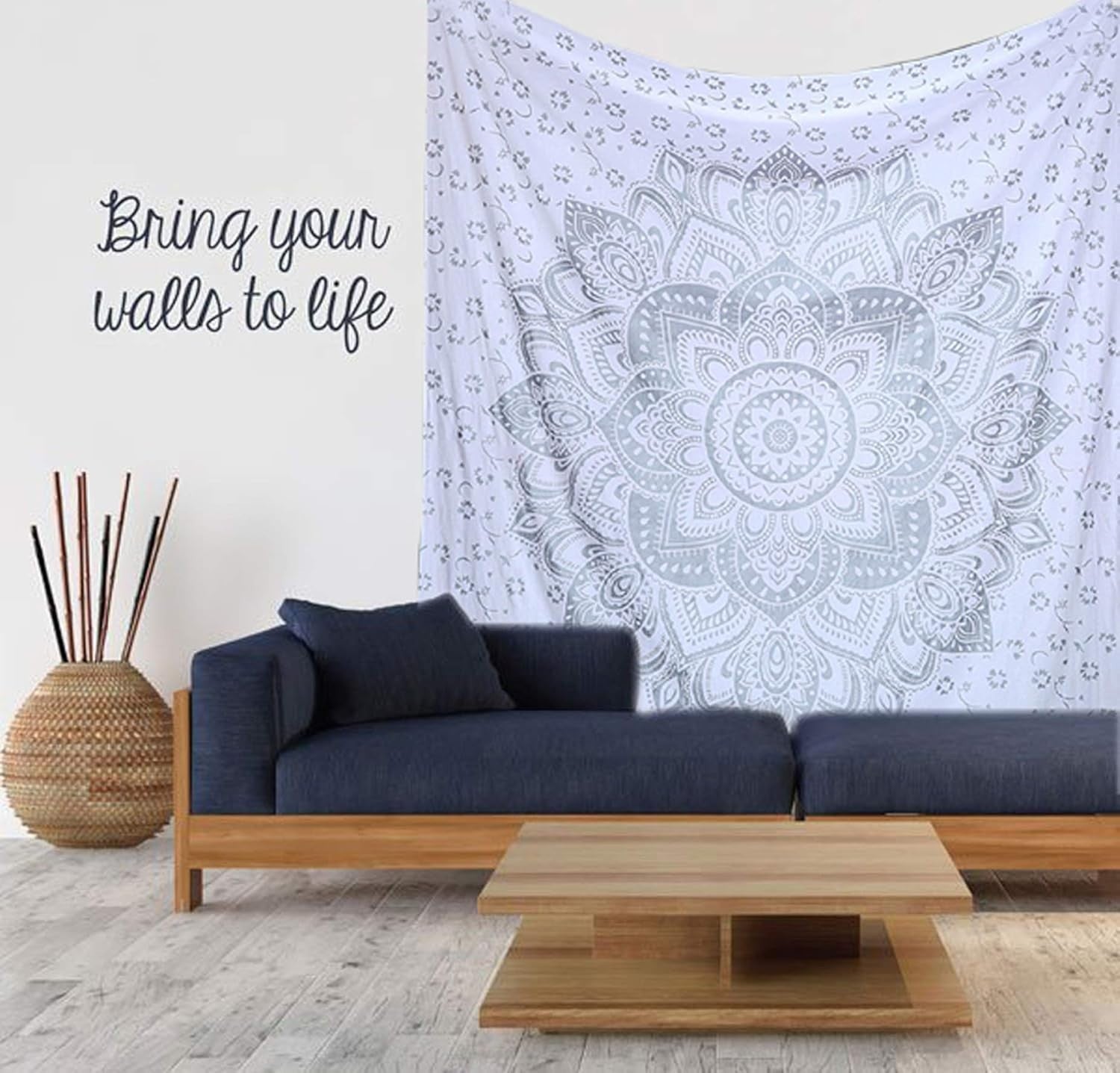 Boho Grey Silver Ombre Mandala Tapestry 55x82" Cotton Wall Decor