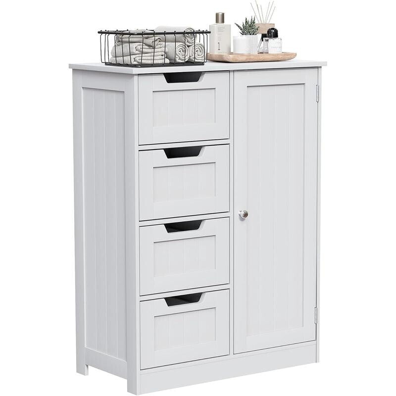 White Bathroom Cabinet 4 Drawer 1 Door Cupboard – Adjustable Shelf Storage