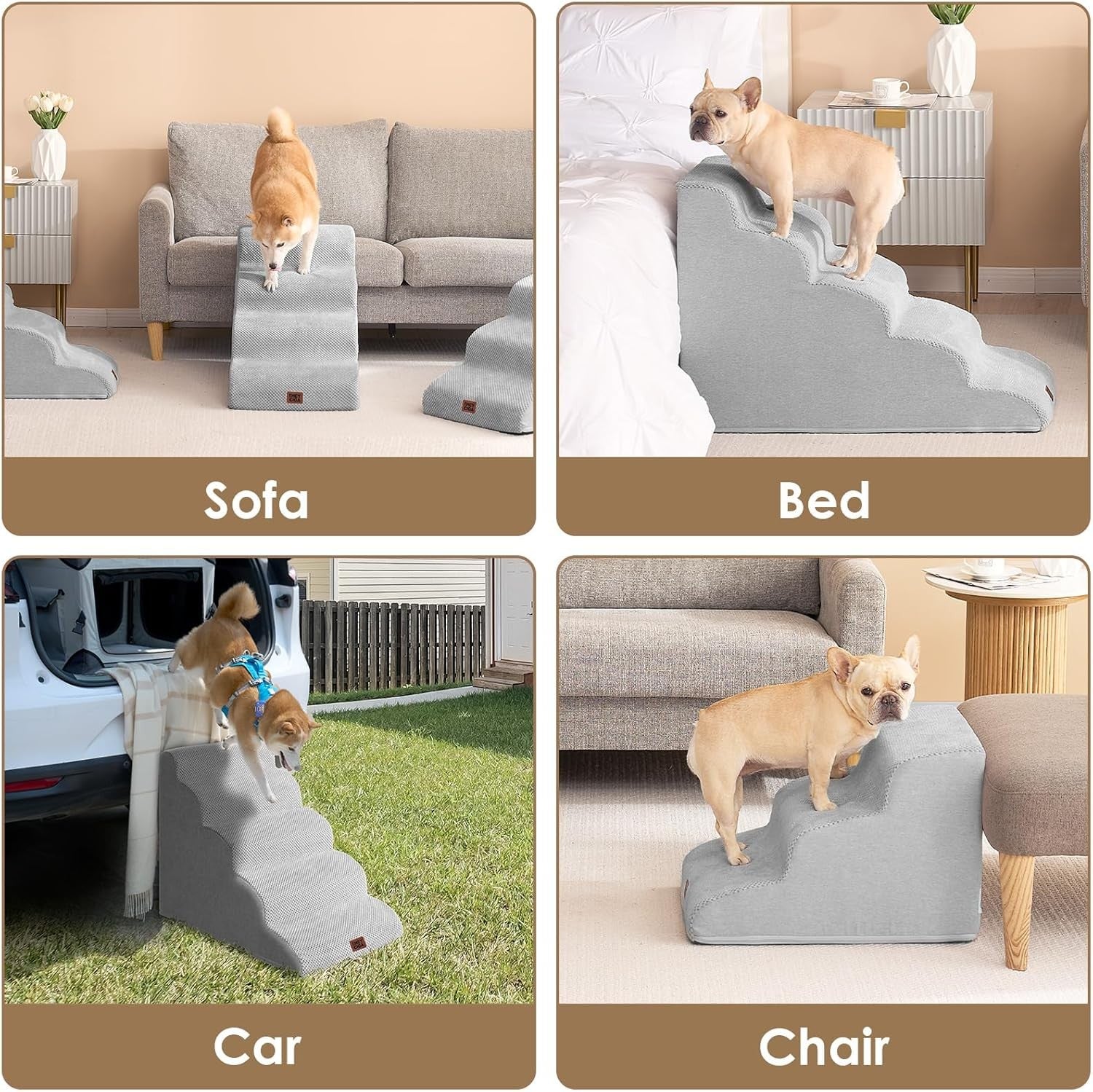 3 Step Dog Stairs for Bed Non Slip Foam Pet Steps Washable Light Grey