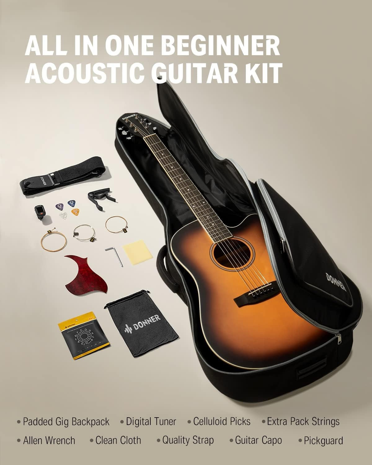 Full Size 4/4 Cutaway Acoustic Guitar Starter Kit w/ Bag Tuner