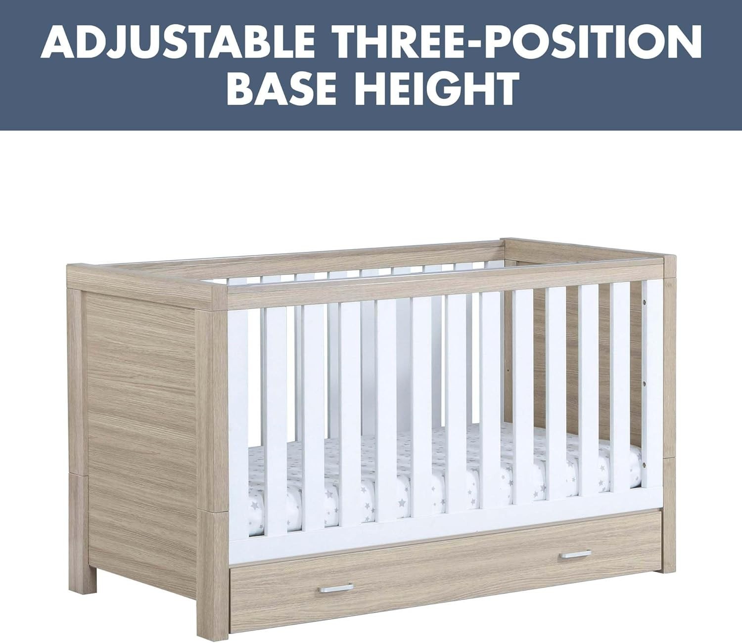Convertible Baby Cot Bed with Drawer Toddler Bed Adjustable Height Oak White
