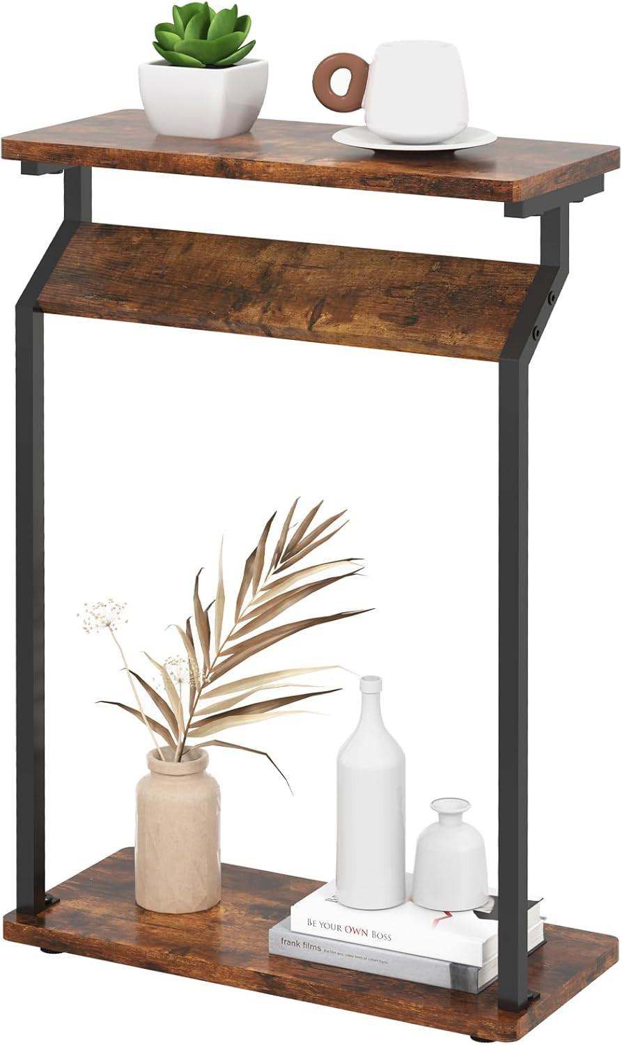 Narrow Side Table Slim Sofa End Table for Small Spaces Rustic Brown 62cm