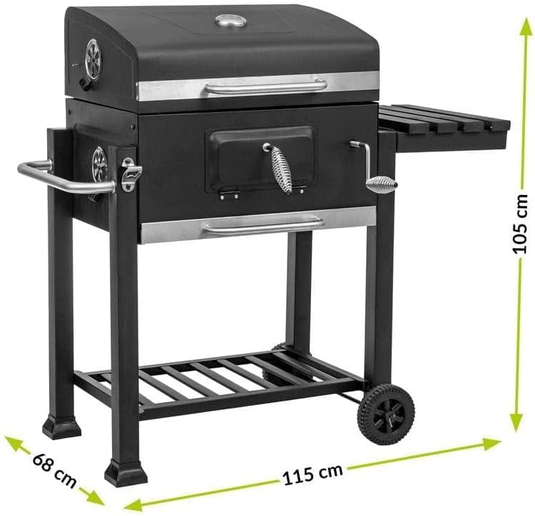 XL Charcoal BBQ Smoker Grill with Thermometer, Folding Side Table & Wheels