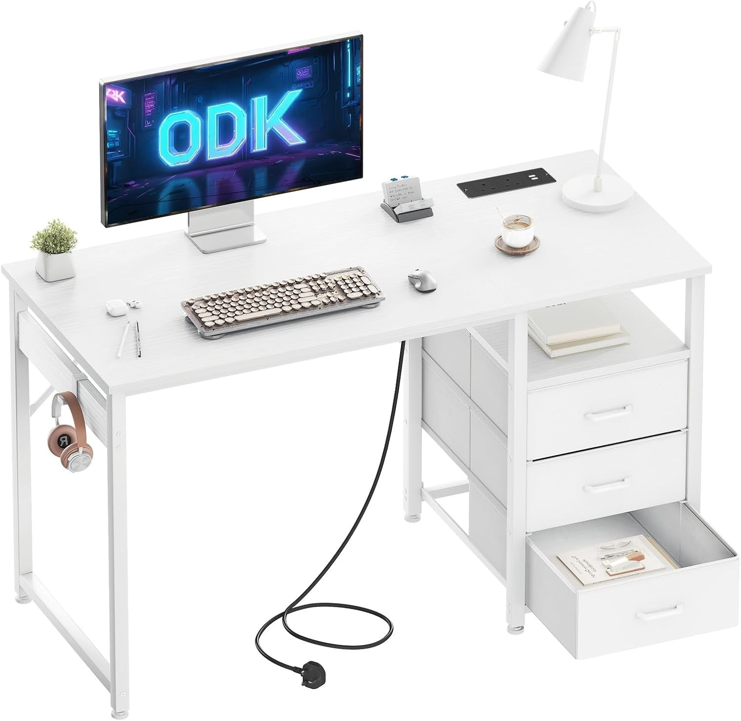 White 120cm Computer Desk w/ 3 Drawers, USB Ports & Power Sockets Office Table