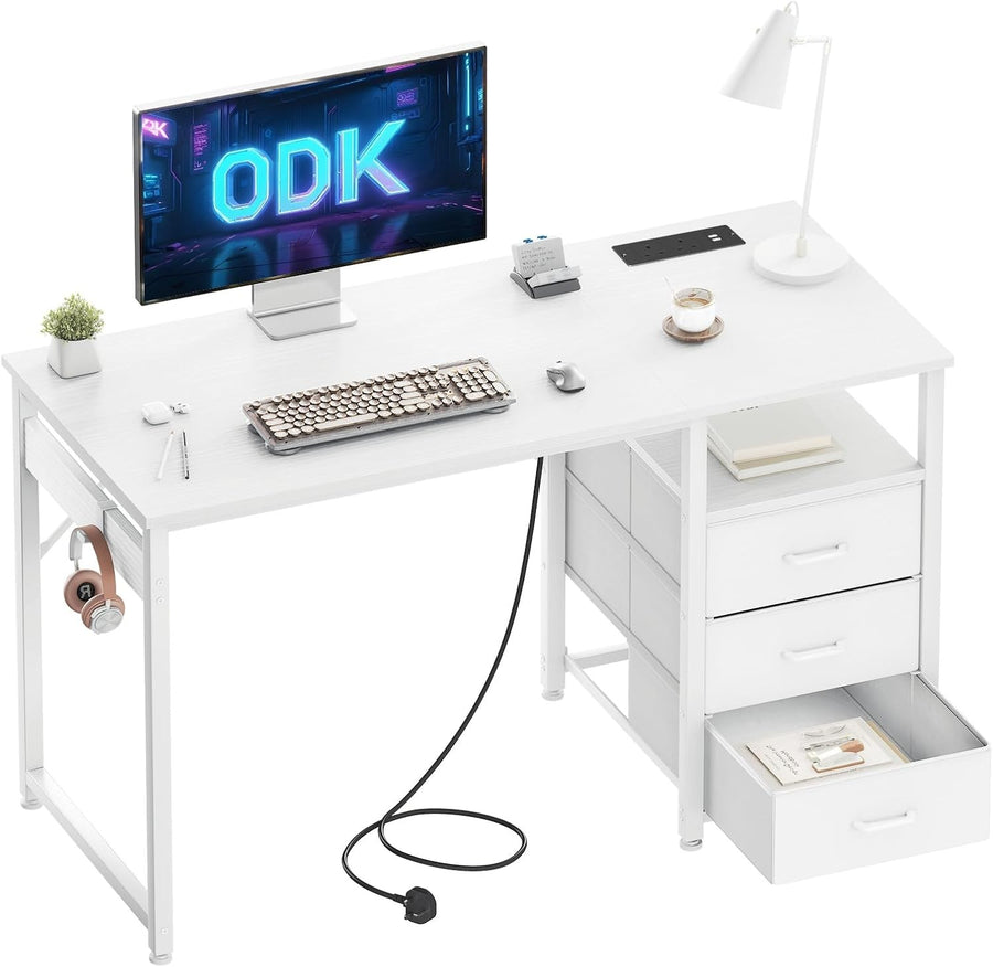 White 120cm Computer Desk w/ 3 Drawers, USB Ports & Power Sockets Office Table