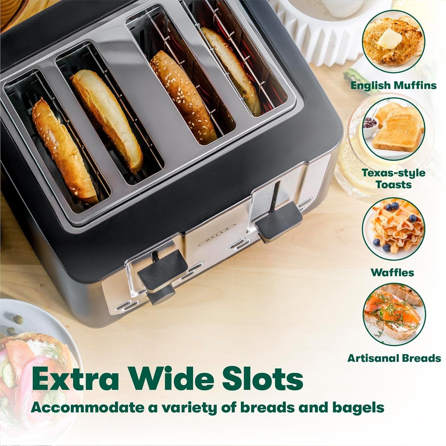 4 Slice Toaster Extra Wide Slots Crumb Tray 6 Settings Black Stainless Steel