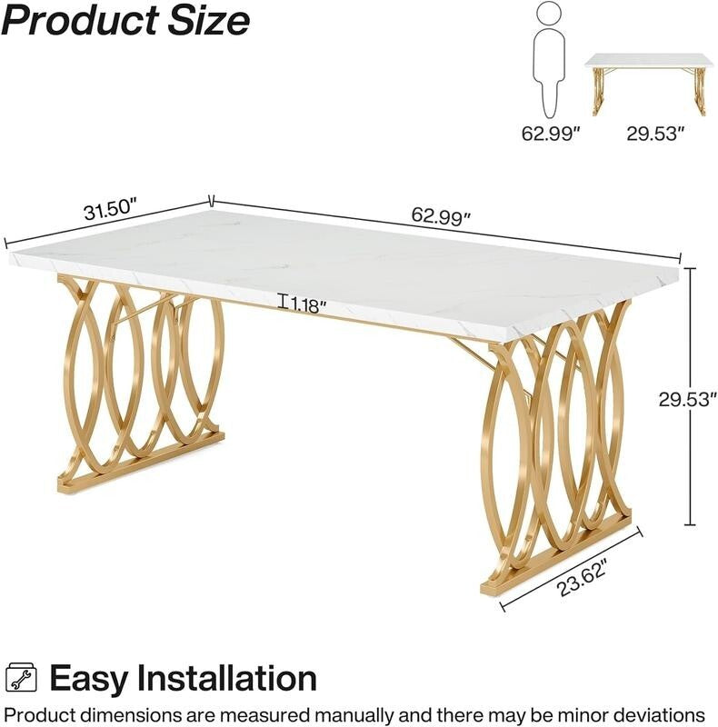 63" White Marble Dining Table with Gold Legs – 6 Seater Modern Table