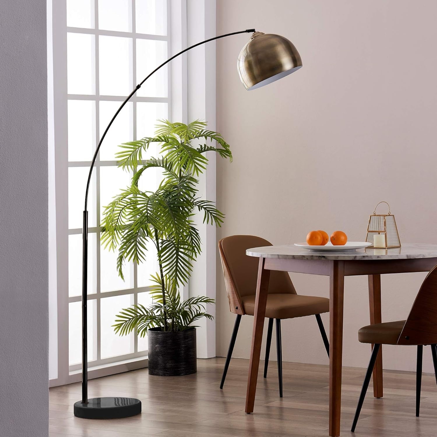 Arc Floor Lamp Antique Brass Shade Marble Base Curved Standing Living Room
