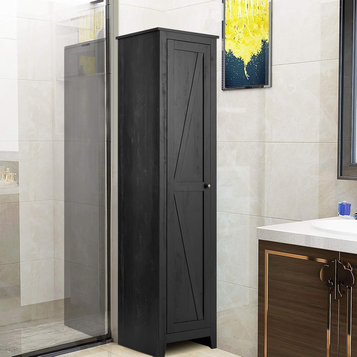 Tall Bathroom Storage Cabinet with 4 Shelves, Magnetic Door & Raised Feet