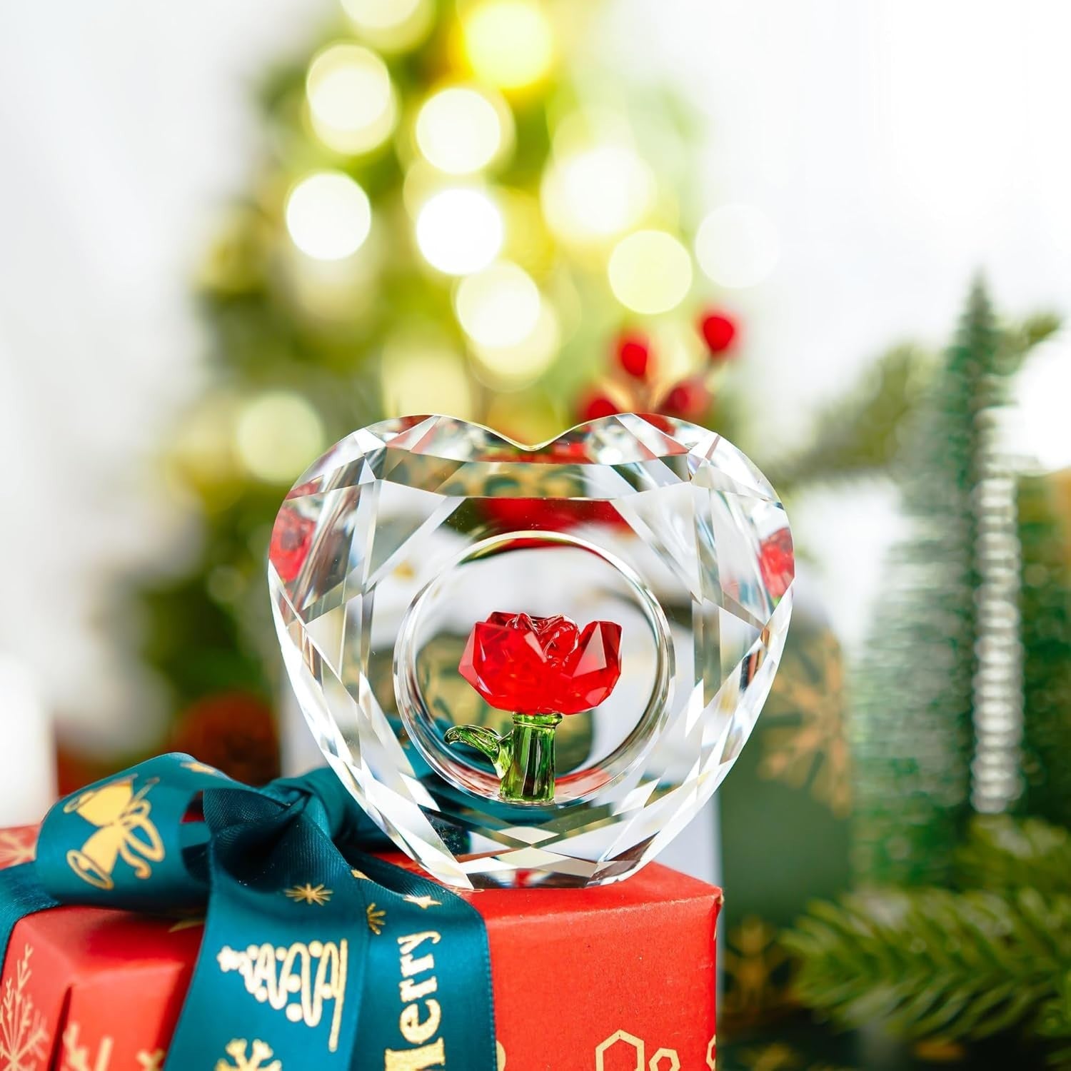 Crystal Red Rose Heart Ornament • K9 Glass Paperweight Gift • Romantic Decor