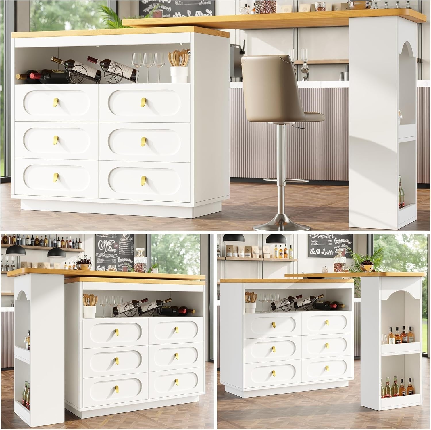 360° Swivel Bar Table w/ 6 Drawers & Storage Shelves Extendable White Furniture