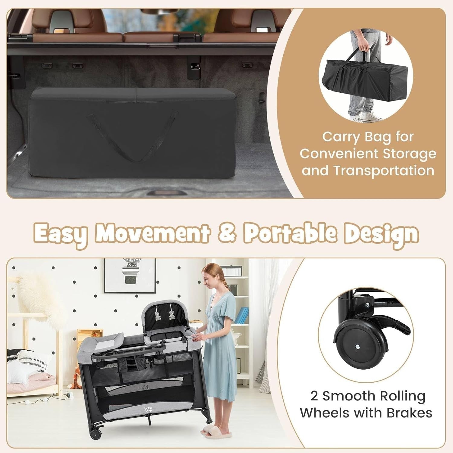 5in1 Baby Travel Cot Foldable Crib with Mattress, Changer & Storage Black