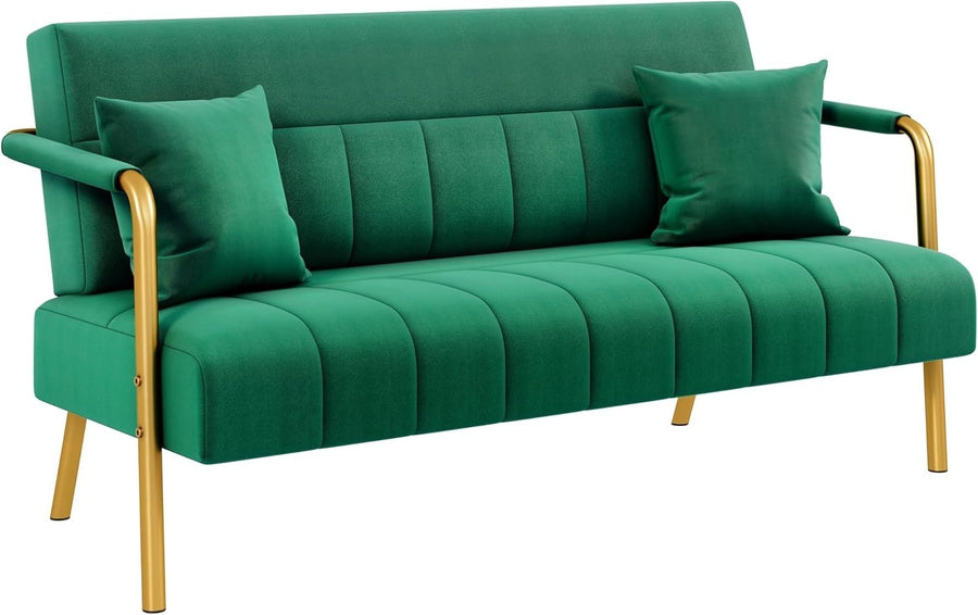 Green Velvet 2 Seater Sofa Gold Legs Modern Loveseat for Small Rooms Studio