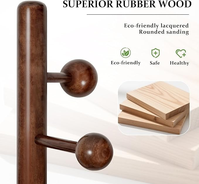 9-Hook Solid Wood Coat Rack 184cm Walnut Finish Freestanding Hall Stand