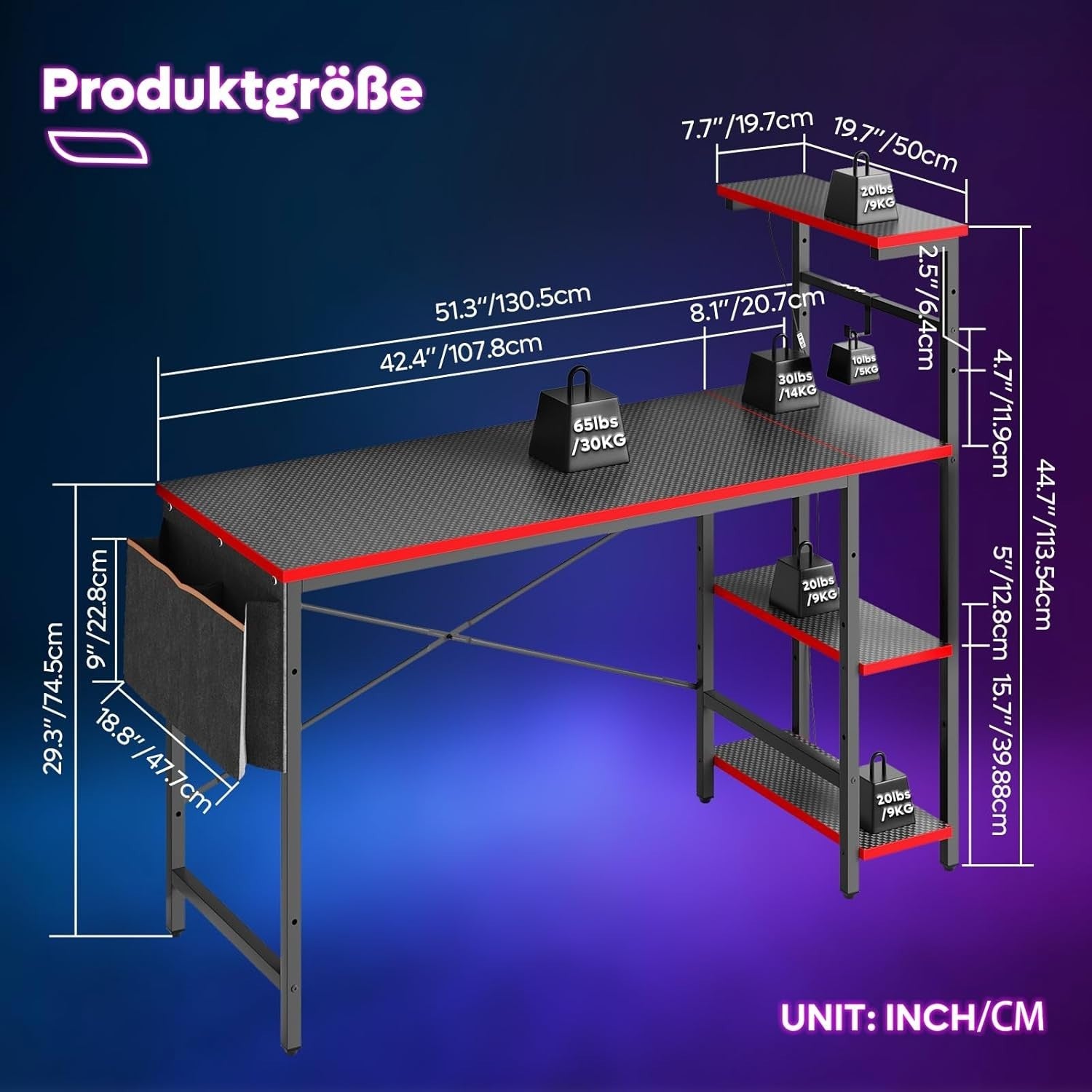 140cm Reversible Gaming Desk with LED Lights & Storage