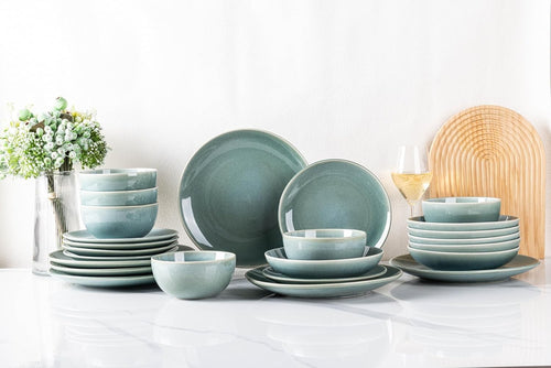 24 Piece Stoneware Dinner Set Plates Bowls Reactive Glaze Dishwasher Safe