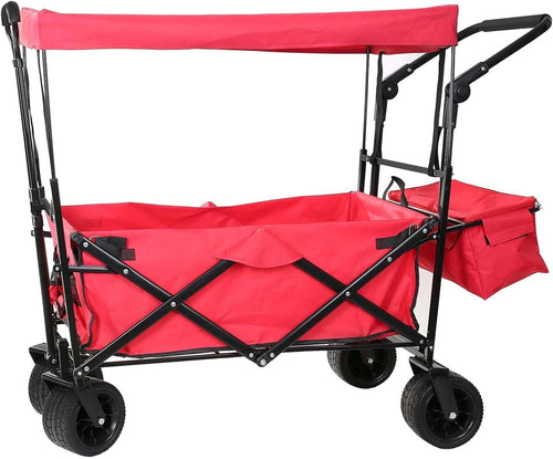 Folding Push Pull Wagon w/ Canopy Heavy Duty 100KG Cart Adjustable Handle Red