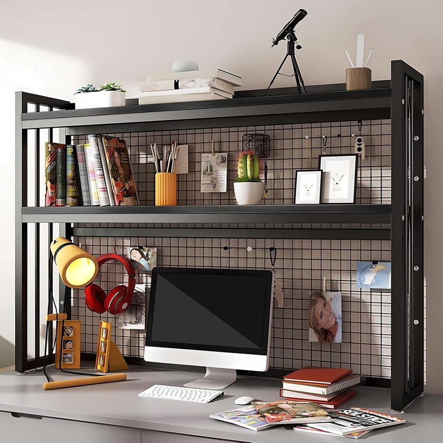 3-Tier Desktop Bookshelf Metal Wood Desk Hutch Storage Organizer 95cm Black