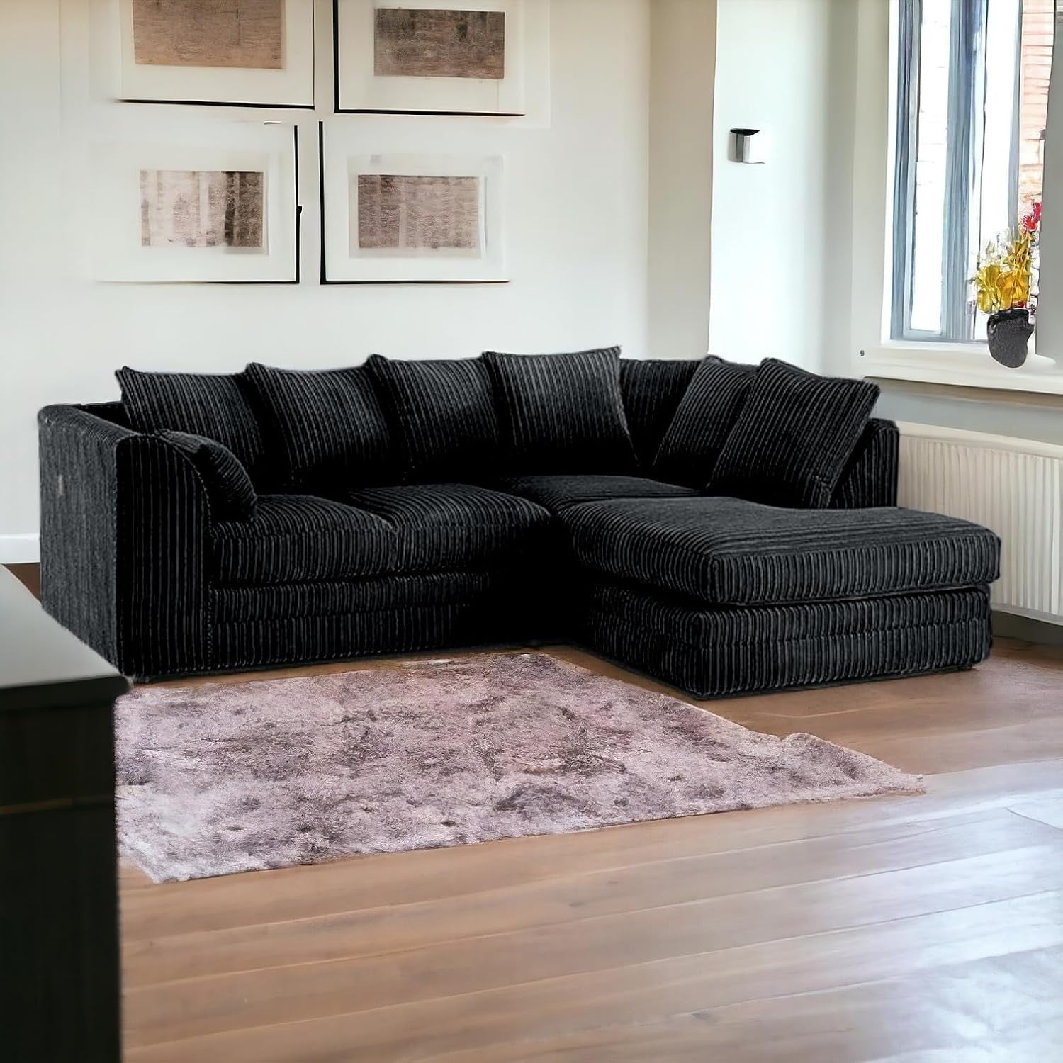 Black Jumbo Cord 4-Seater Right Hand Corner Sofa | Soft Cushions & Durable