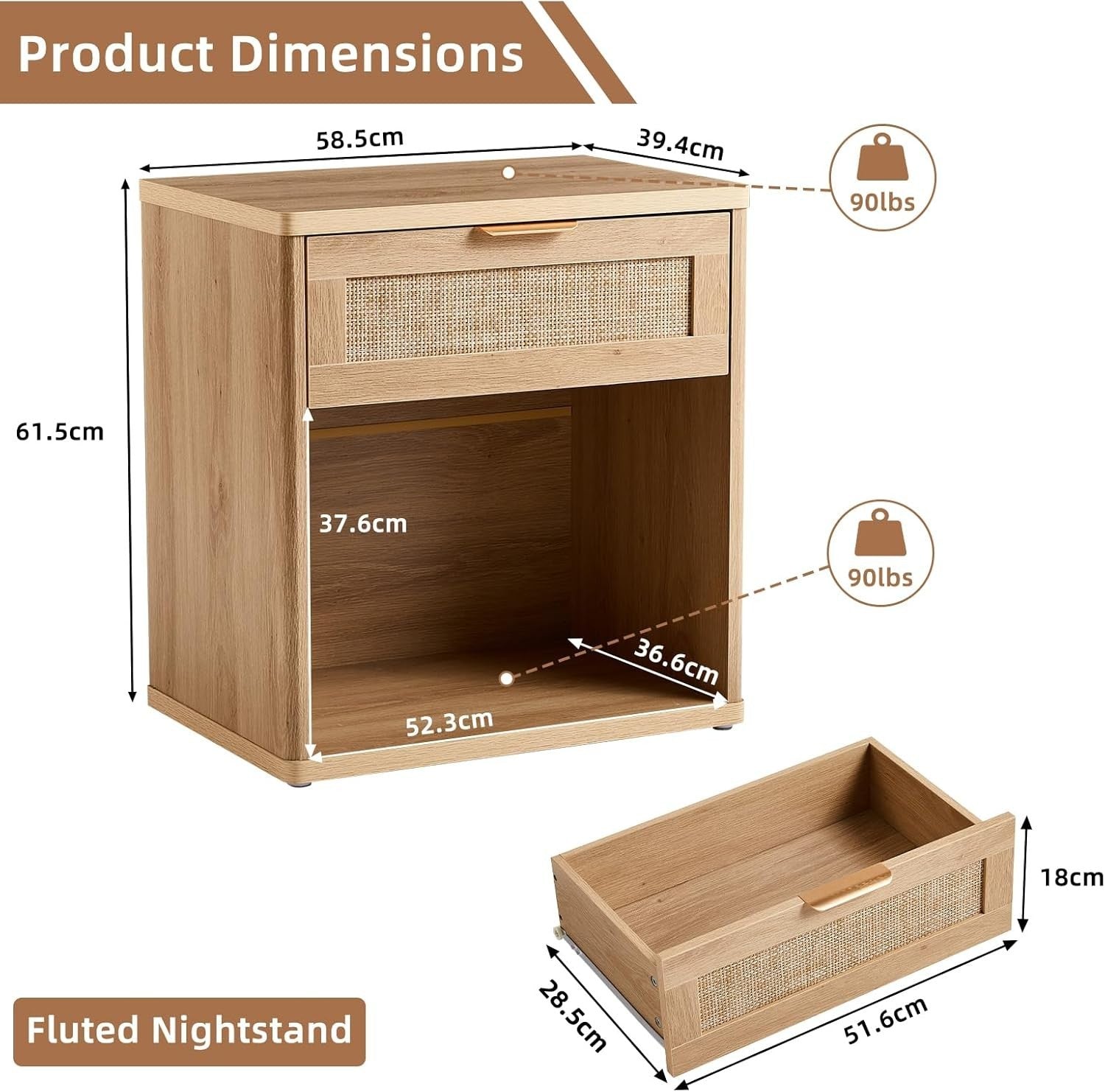 Natural Rattan Bedside Table Nightstand with Drawer Boho Wood Side Table