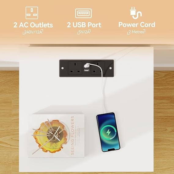 LED Bedside Table with Charging Ports, White Nightstand with Shelf