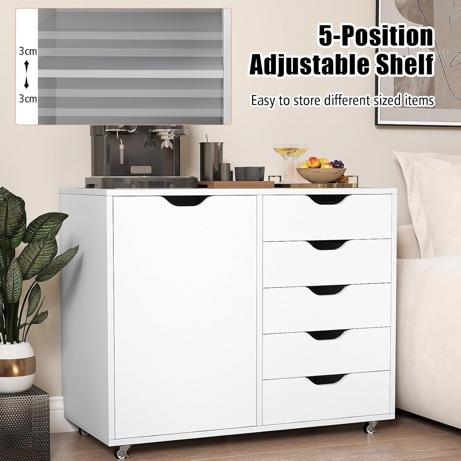 High Capacity Mobile File Cabinet w/ 5 Drawers Side Cupboard Lock Wheels