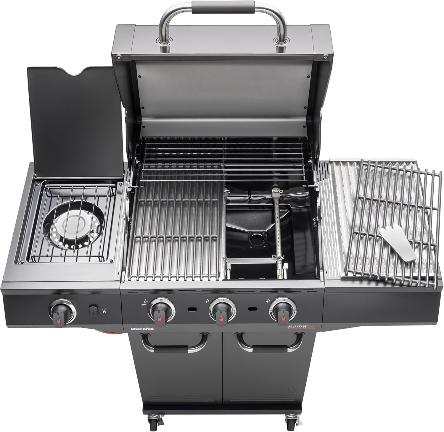 3 Burner Gas BBQ Grill with Side Burner, Infrared Cooking, Cast Iron Grates