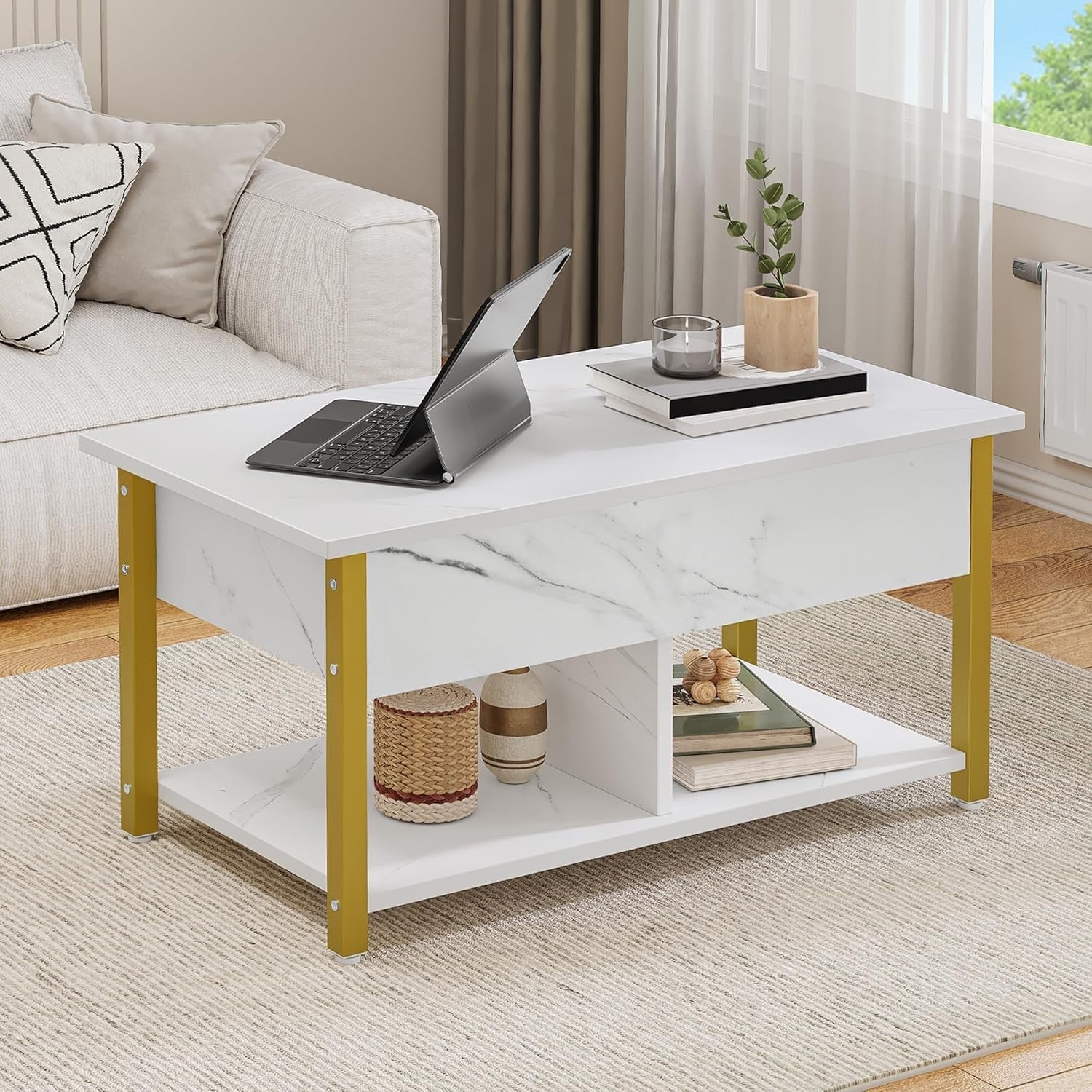 4in1 Lift Top Coffee Table with Storage Drawers, Convertible Dining Table, White