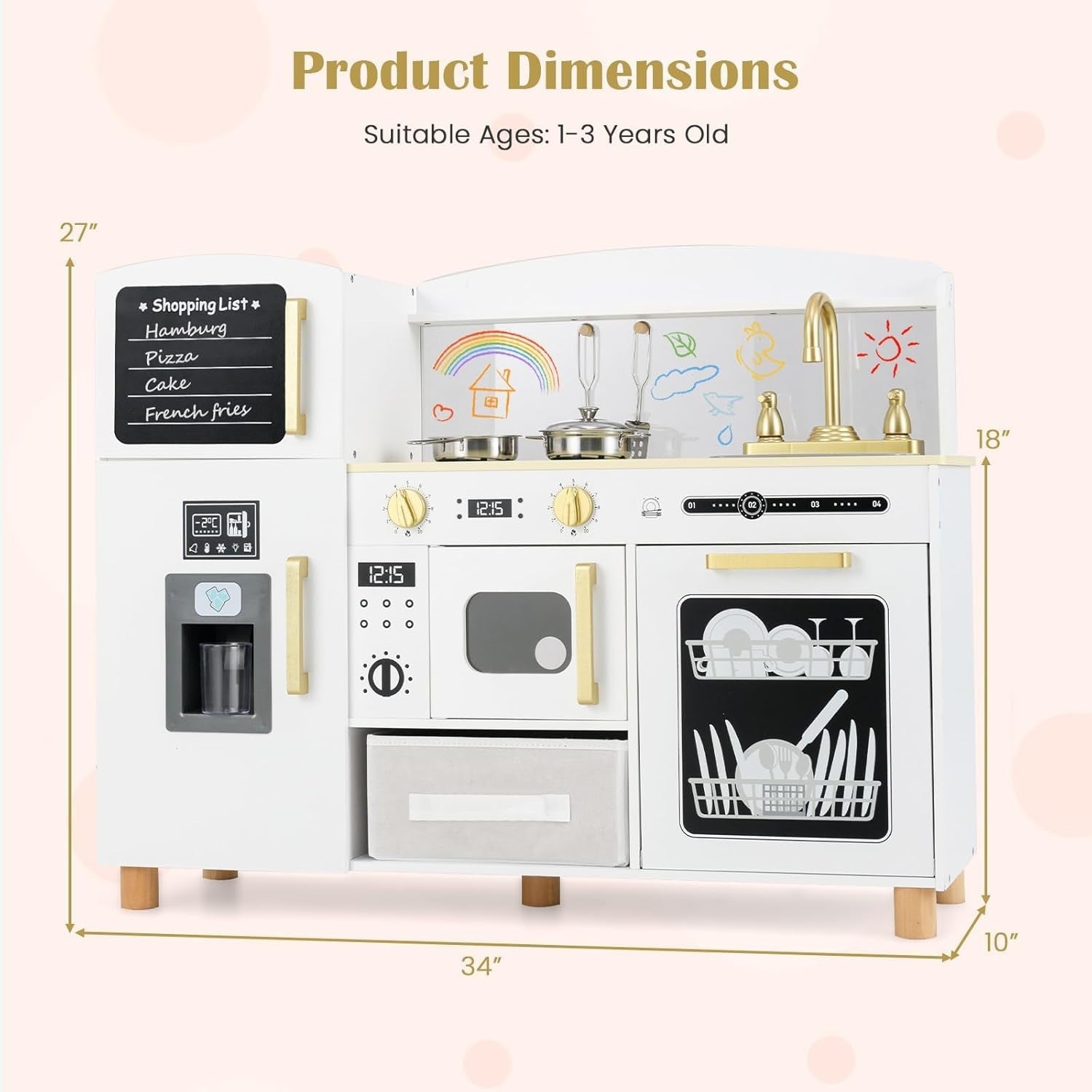 Wooden Kids Play Kitchen White Ice Maker Dishwasher Cooking Toy