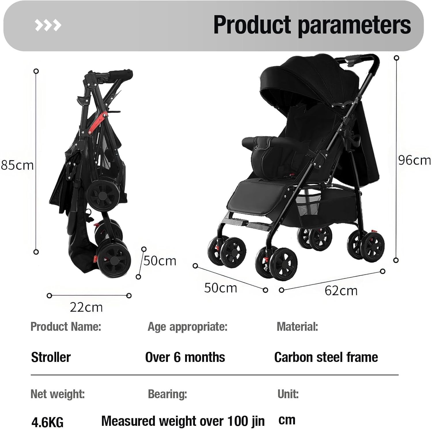 Ultra Lightweight Pushchair 4.6kg Compact Fold Lie-Flat Baby Stroller Grey