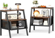Industrial Bedside Table with Storage Shelves, Mesh Compartment & Wooden Top