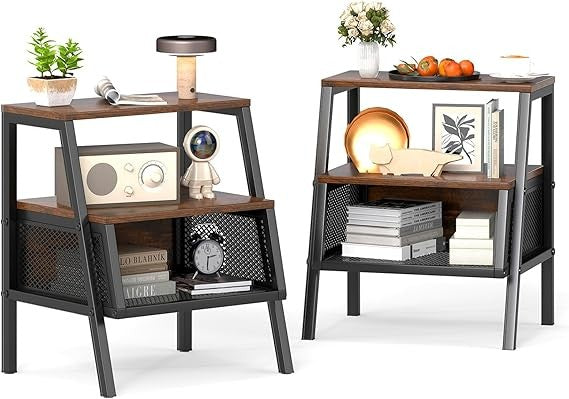 Industrial Bedside Table with Storage Shelves, Mesh Compartment & Wooden Top