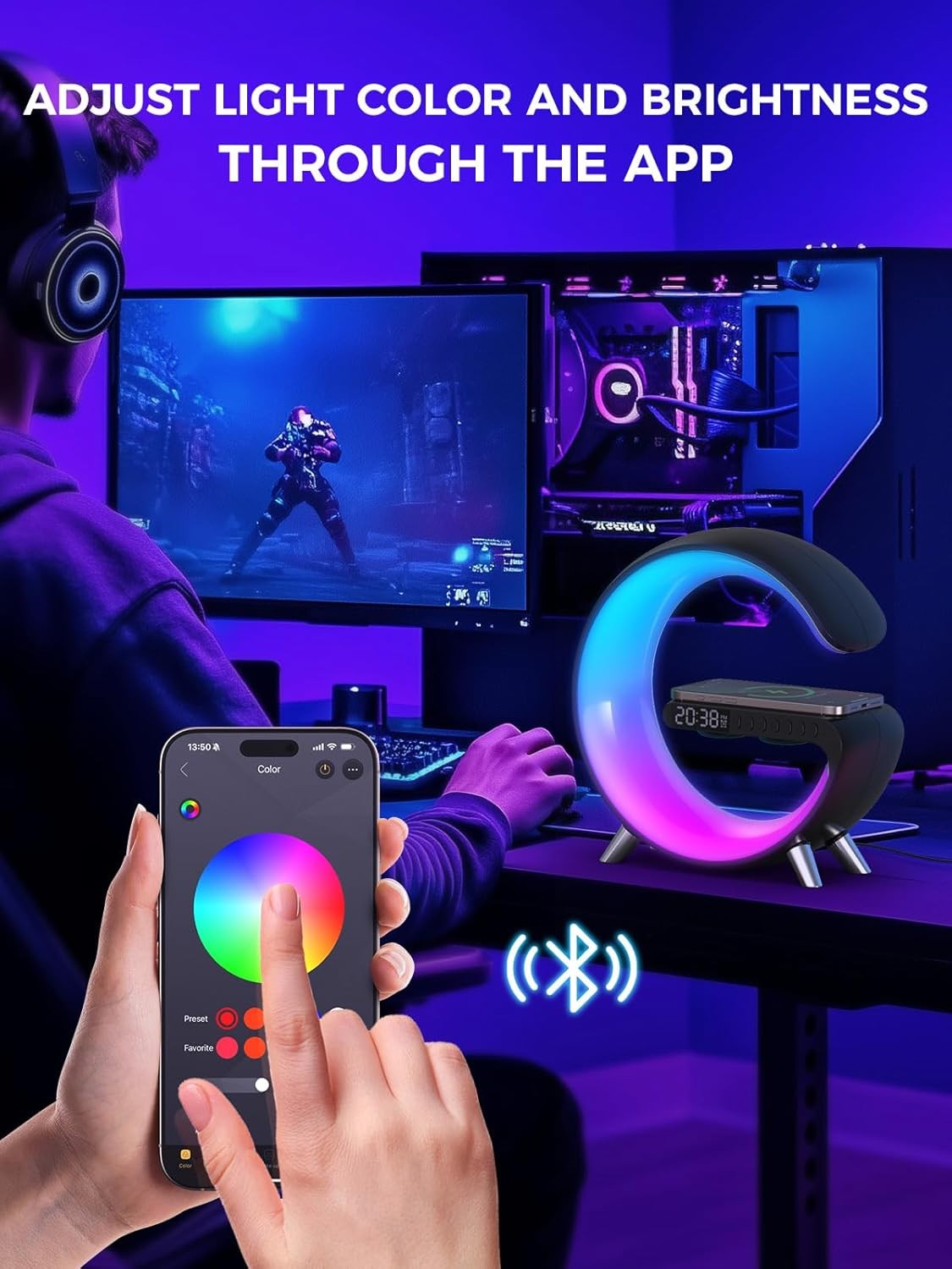 Black RGB G-Shape Sunrise Wake Up Light Alarm Bluetooth Speaker Wireless Charger