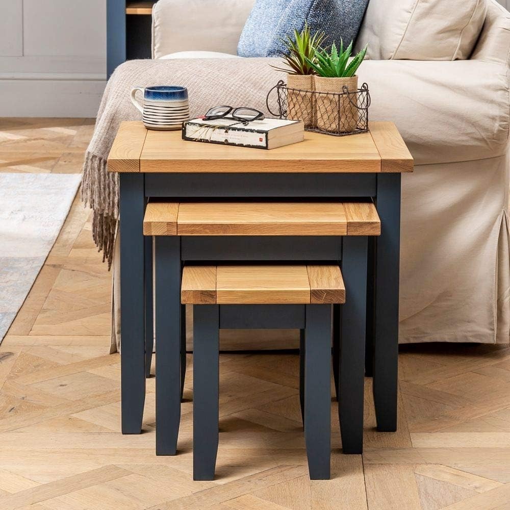 Blue Oak Nesting Coffee Side Tables Set of 3 Wood Rectangular Easy Assembly