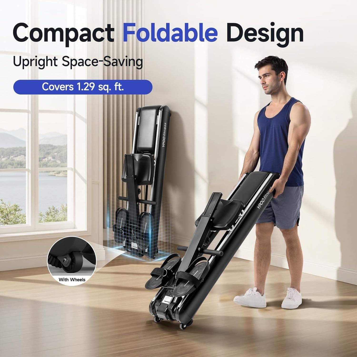 Foldable Magnetic Rowing Machine Quiet 16-Level Dual Rail App LCD Home Rower