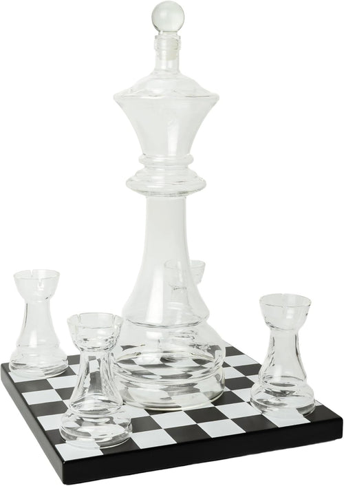 Glass Chess Decanter Set 750ml with Rook Shot Glasses Luxury Gift Base