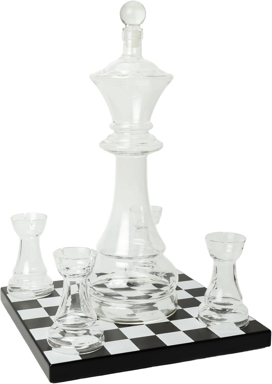 Glass Chess Decanter Set 750ml with Rook Shot Glasses Luxury Gift Base