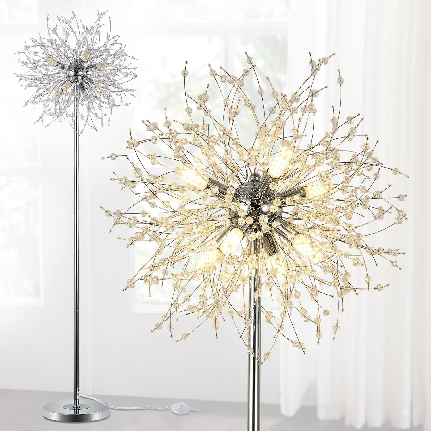 Modern Crystal Floor Lamp Chrome, 8-Light Firework Design, 170cm Tall