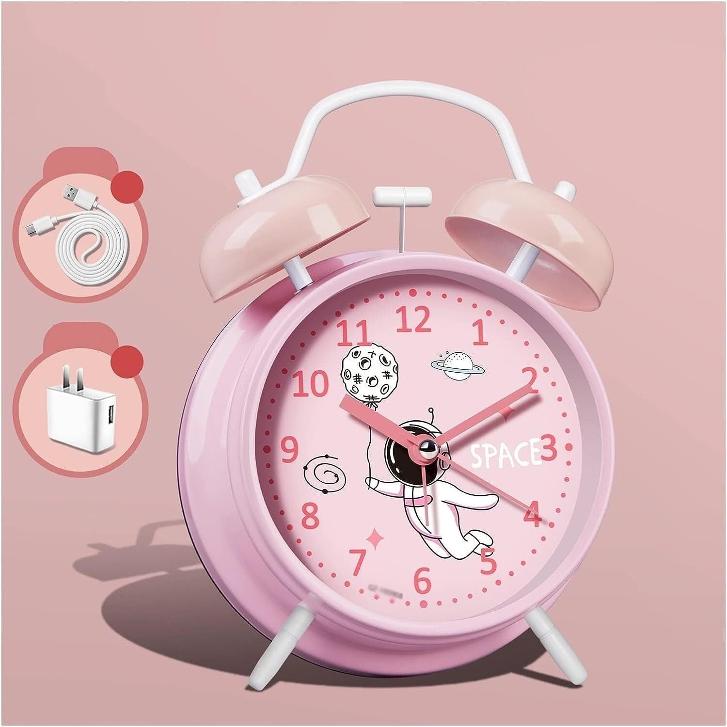Pink Twin Bell Alarm Clock Loud Non-Ticking Silent Vintage Bedside