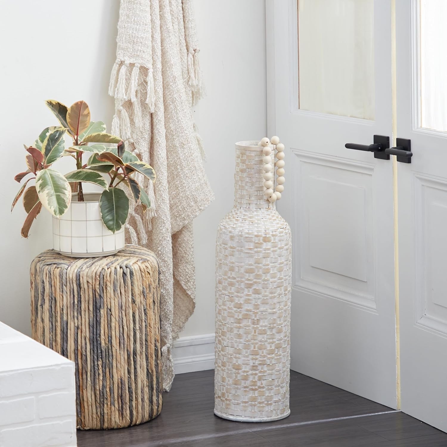 Tall Bamboo Floor Vase White Woven Cylinder Modern Home Decor 76cm