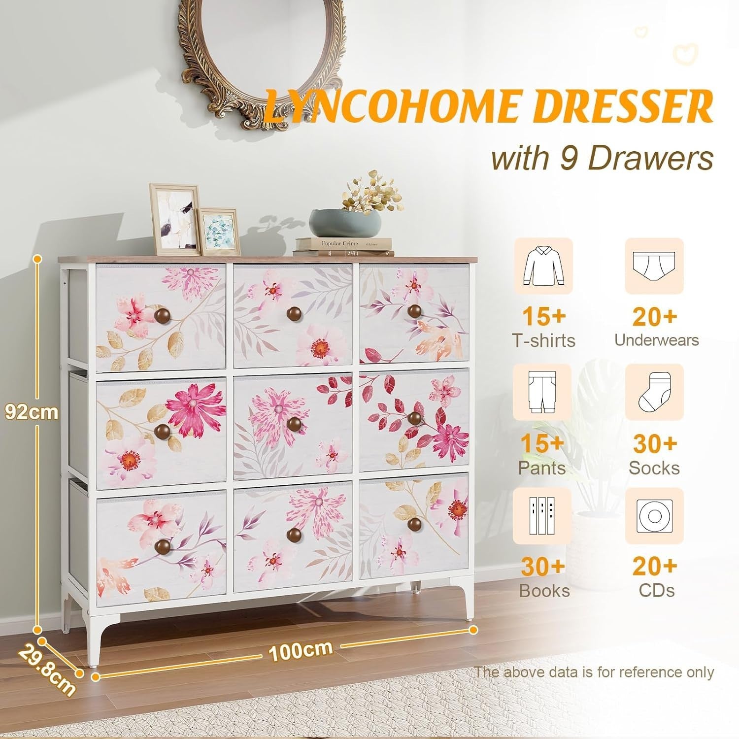 9 Drawer Pink Fabric Storage Chest, Metal Frame Dresser for Bedroom Nursery