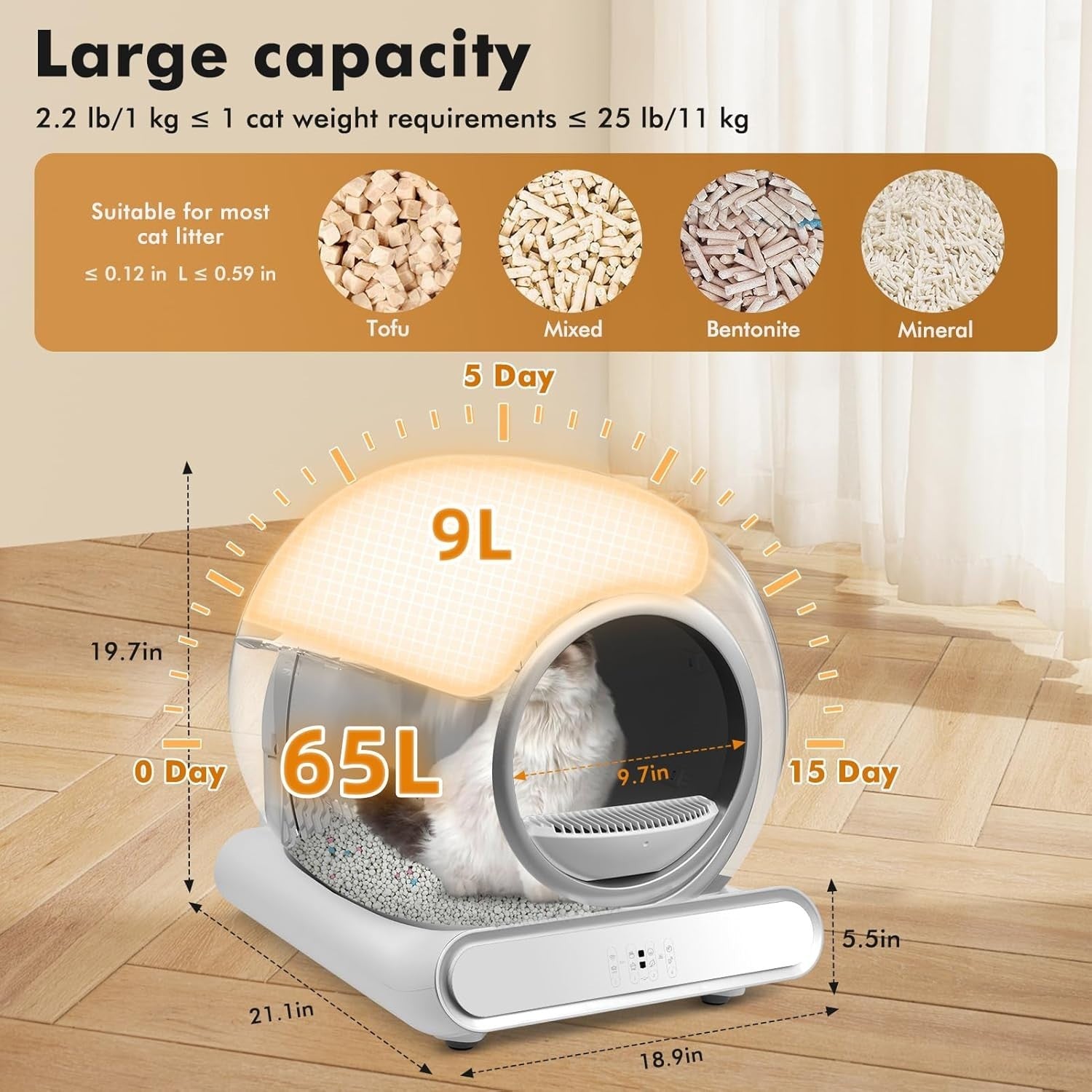 Self Cleaning Cat Litter Box APP Control 65L Multi Cat Odor Free