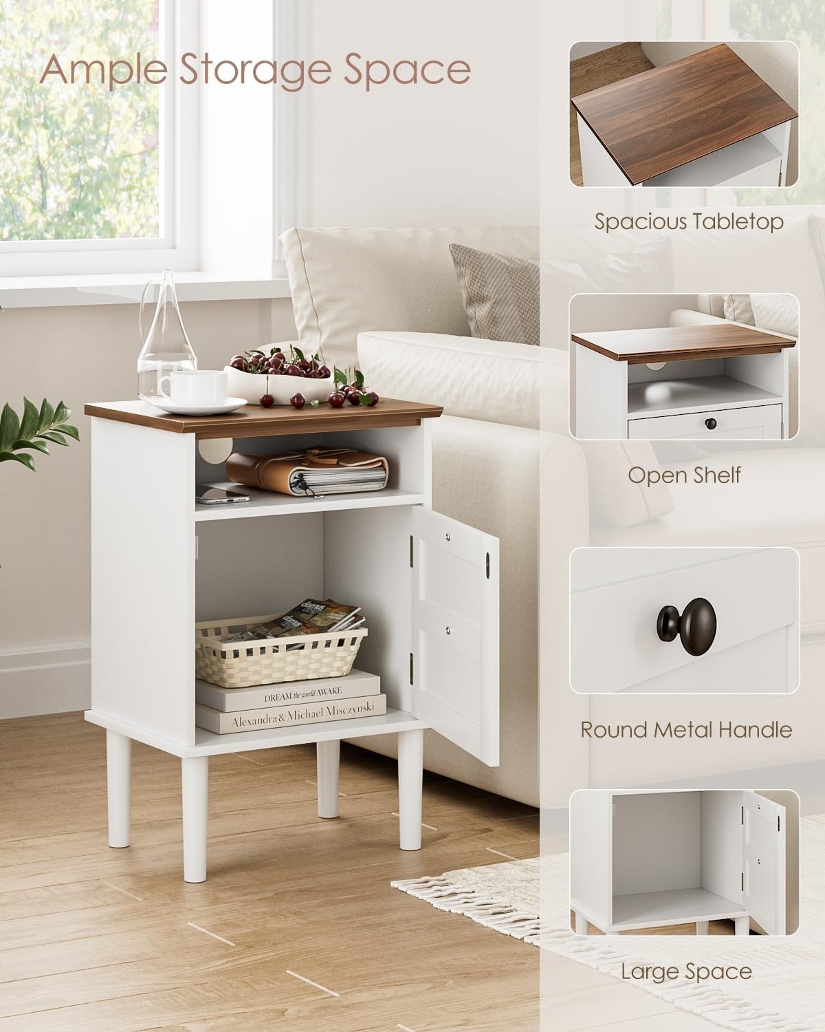 Wooden Bedside Table with Door & Shelf – White Farmhouse Nightstand 39x29x60cm