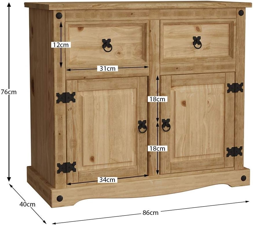 Rustic Solid Pine Sideboard 2 Door 2 Drawer Storage Cabinet 86cm Natural