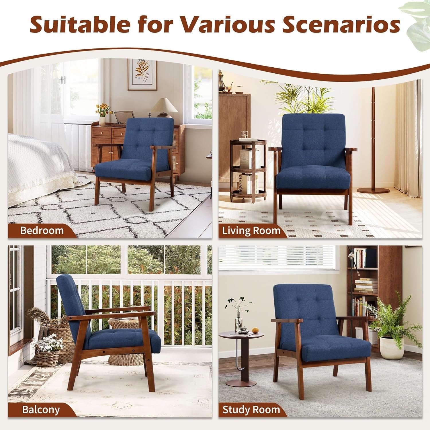 Mid‑Century Modern Upholstered Accent Chair – Blue Linen Lounge Armchair