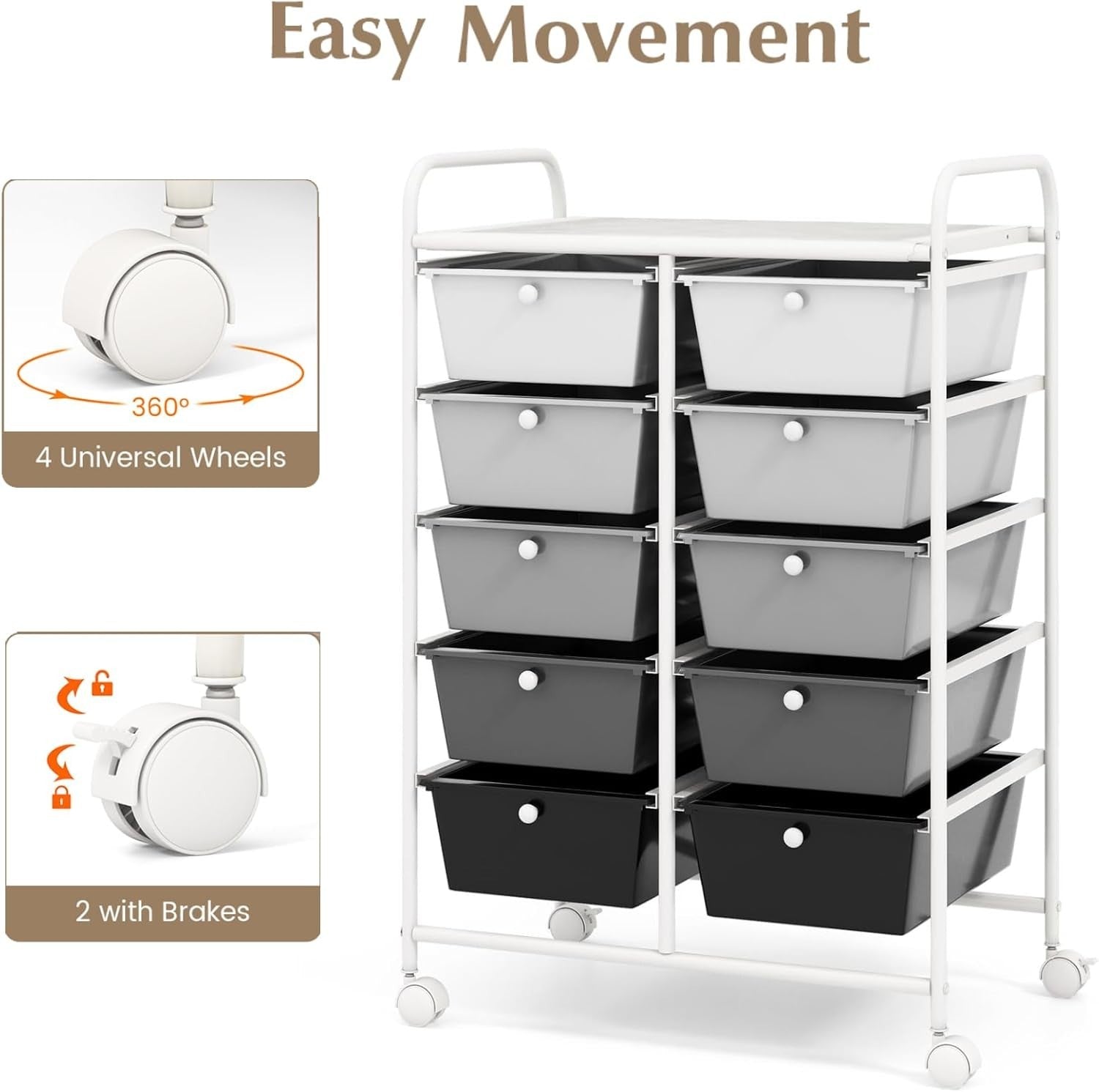 Gradient Black White 10 Drawer Rolling Storage Cart Utility Organizer