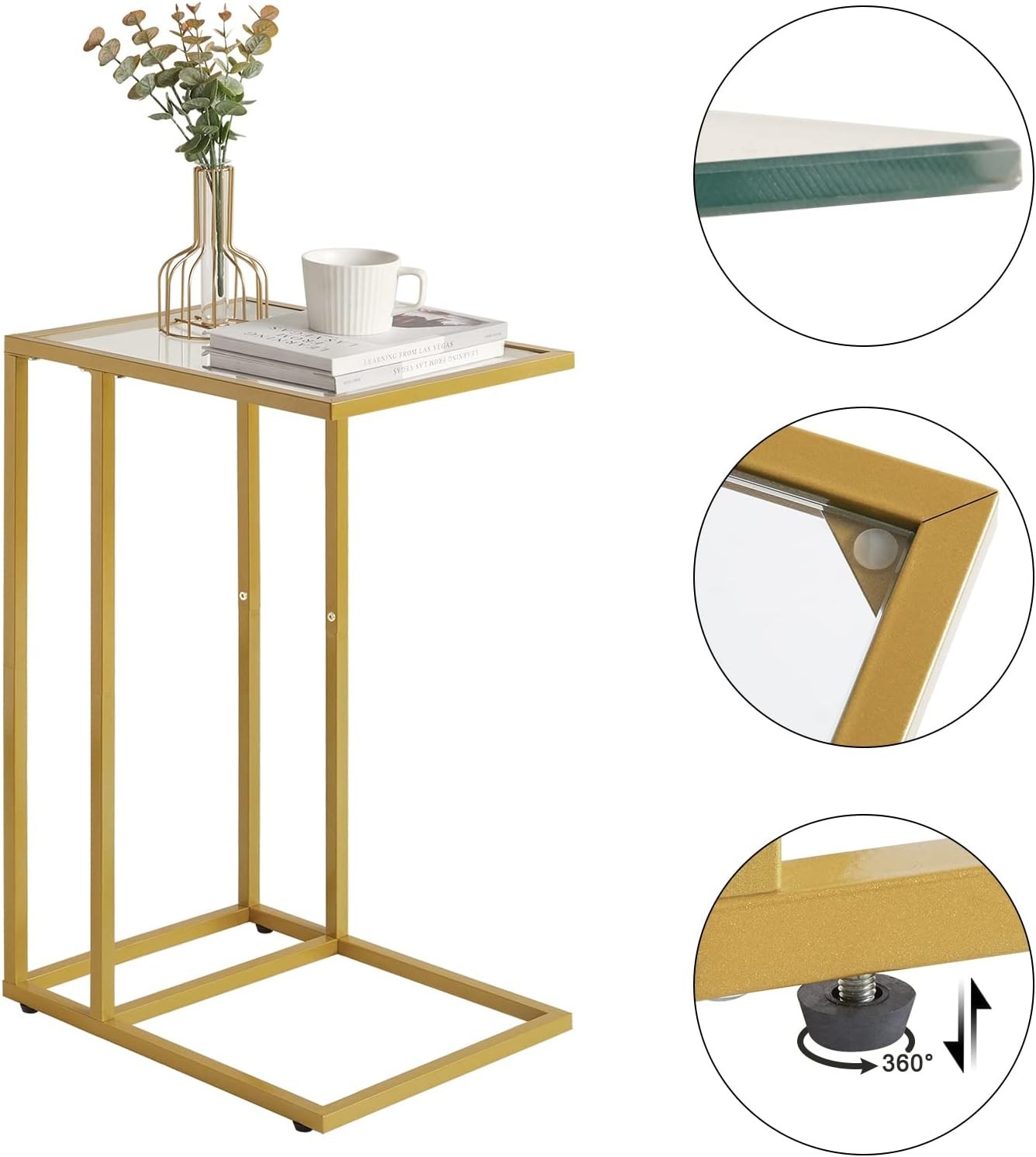 Gold C-Shaped Side Table 30x40x63 cm | Tempered Glass Sofa & Bed Table
