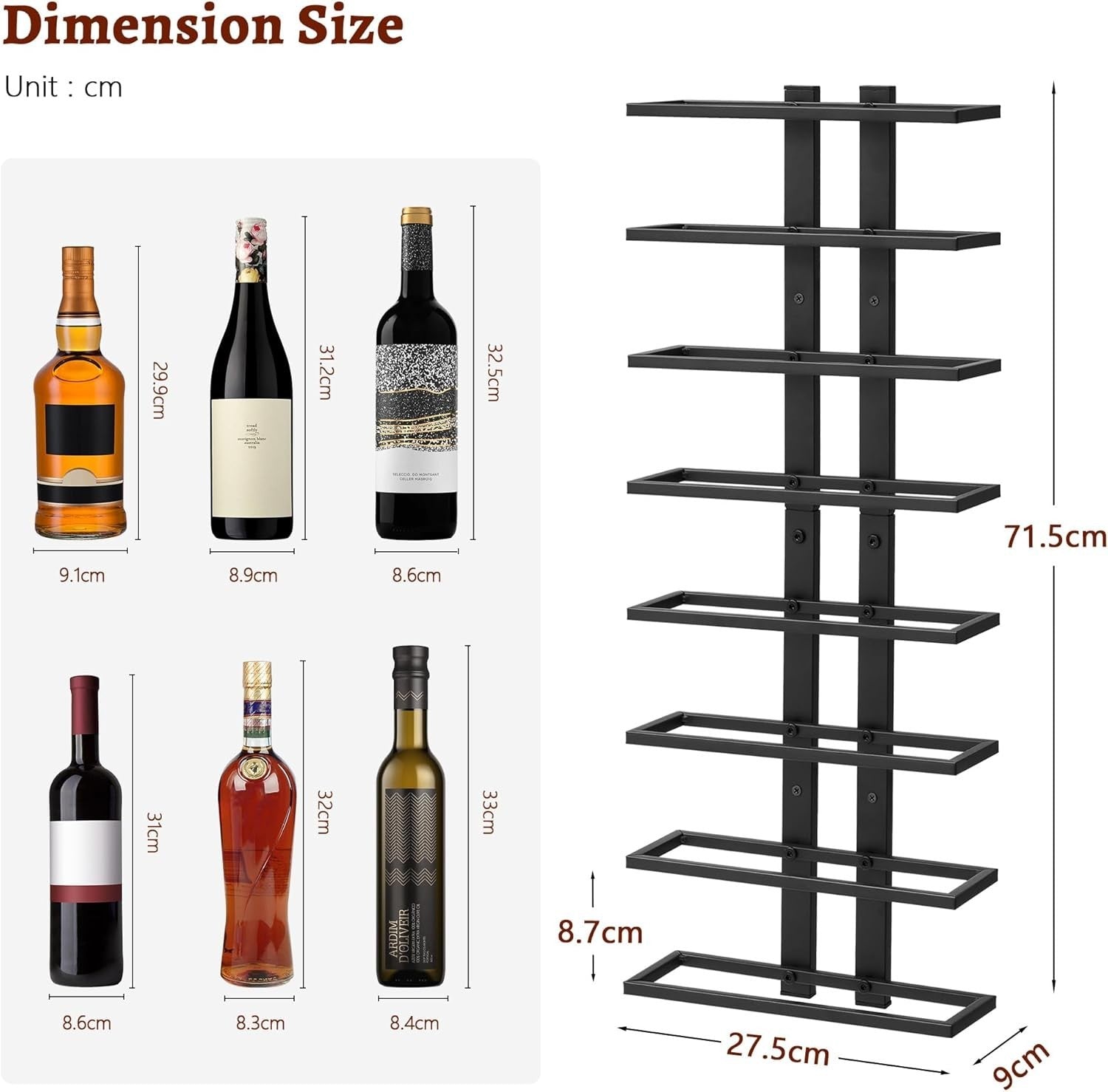 Wall Mounted Wine Rack 8 Tier Metal Bottle Display Holder Modern Home Bar Shelf