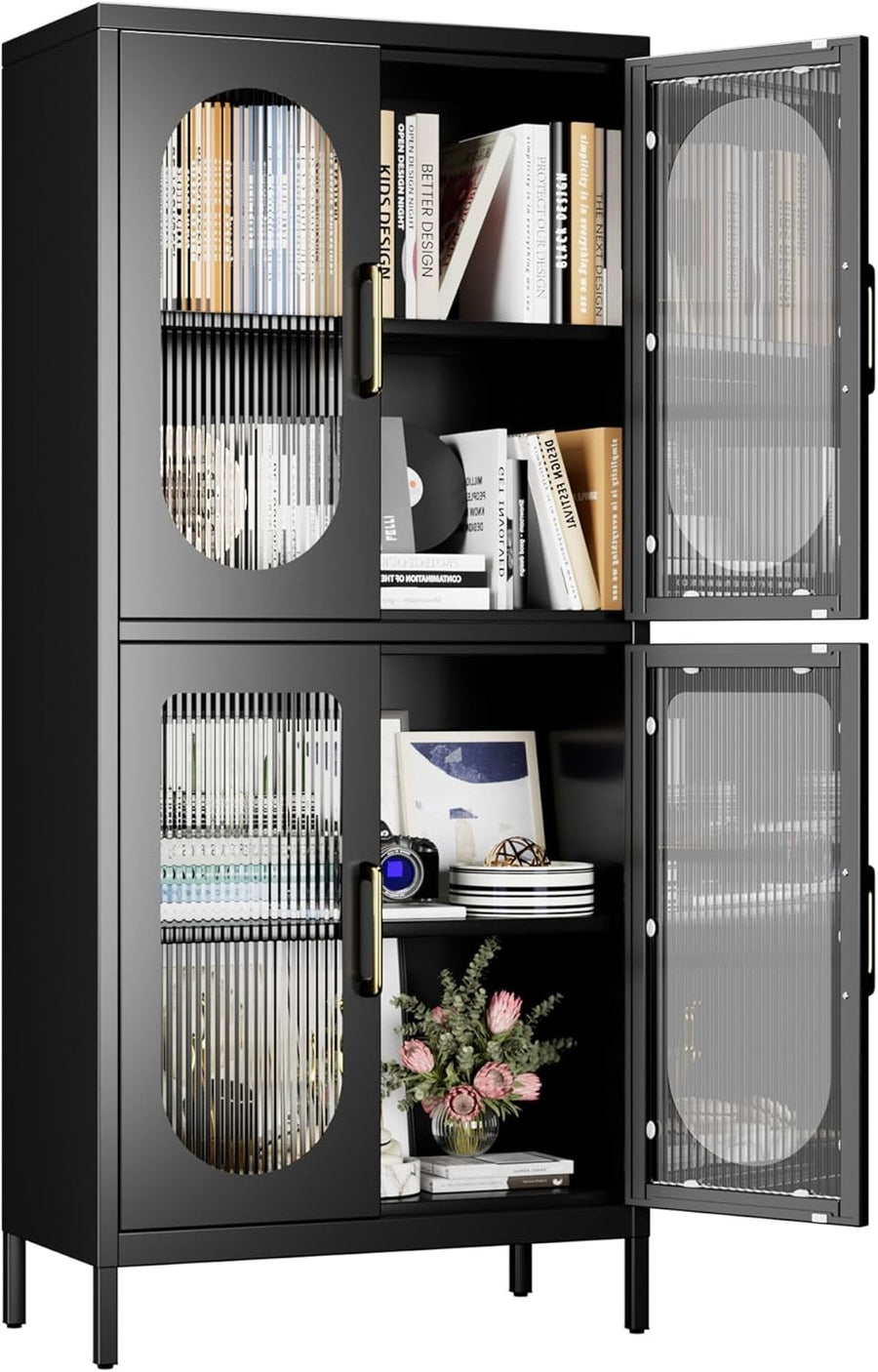 155cm Tall & Adjustable 4-Door Black Metal Office Storage Cabinet