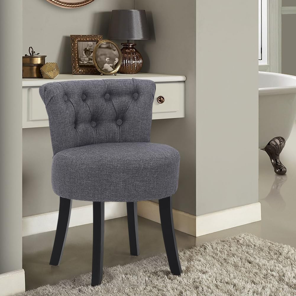 Grey Linen High-Back Vanity Chair – Padded Dressing Stool with Wood Legs